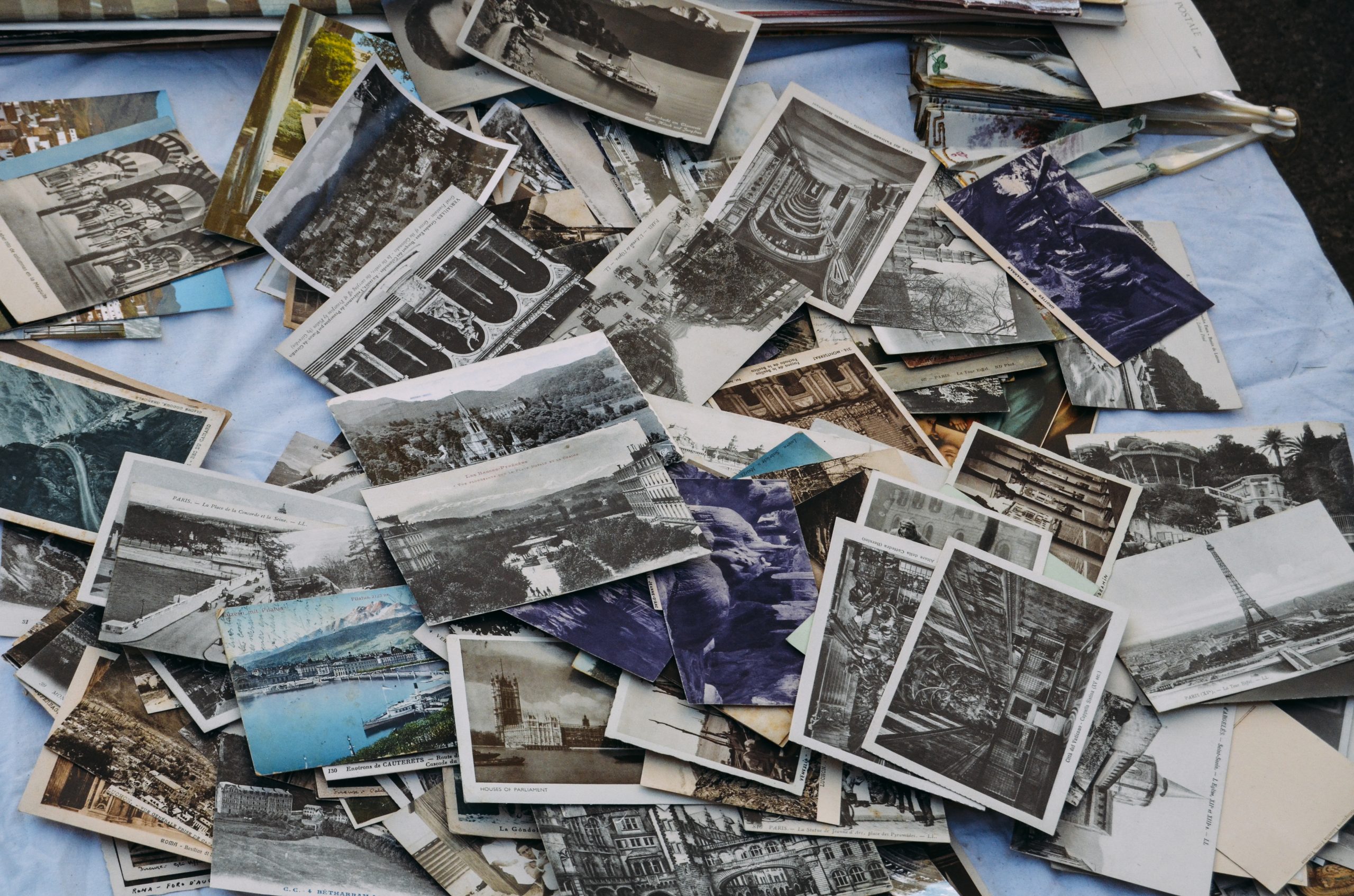 High angle view of old photographs on table