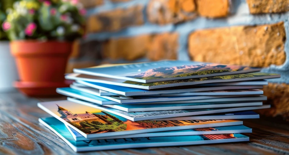 Print-ready travel brochures with eye-catching covers, stacked on a desk