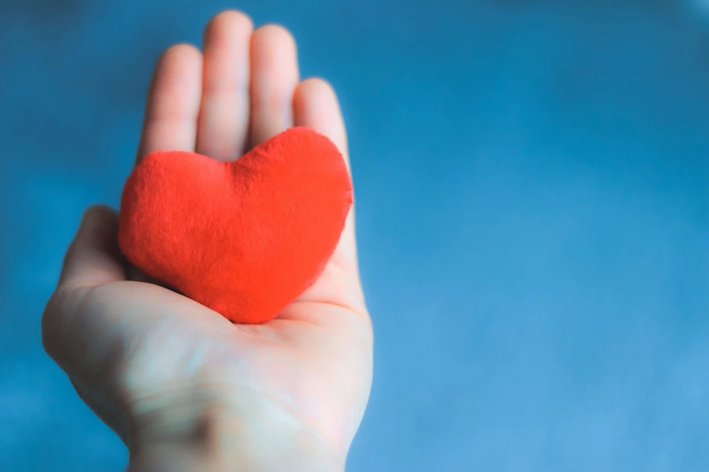 A person holding a heart plushie