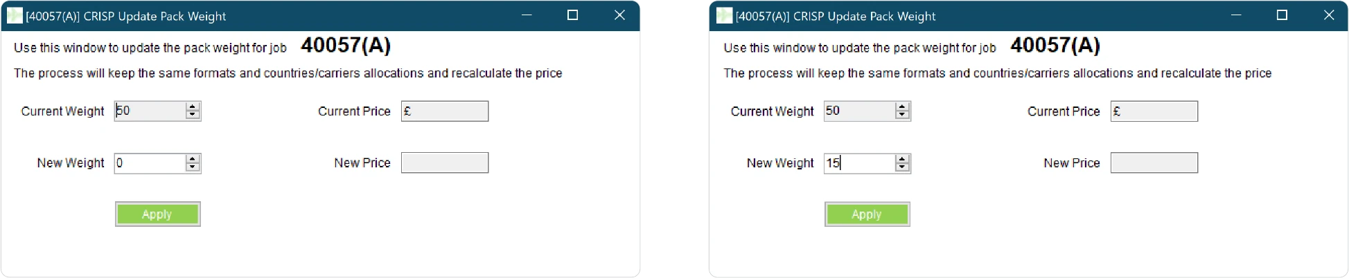 CRISP solution - Update pack weight CRISP solution - Update pack weight